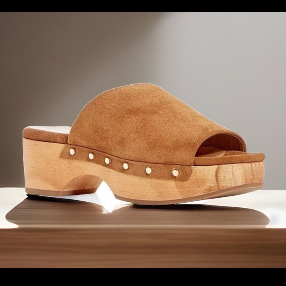 Dolce Vita Women's Dorado Open Toe Clogs Suede Leather Wood Heels Gold Hardware